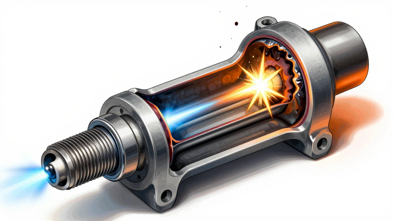 Cross-section showing strong vs weak spark ignition in cylinders