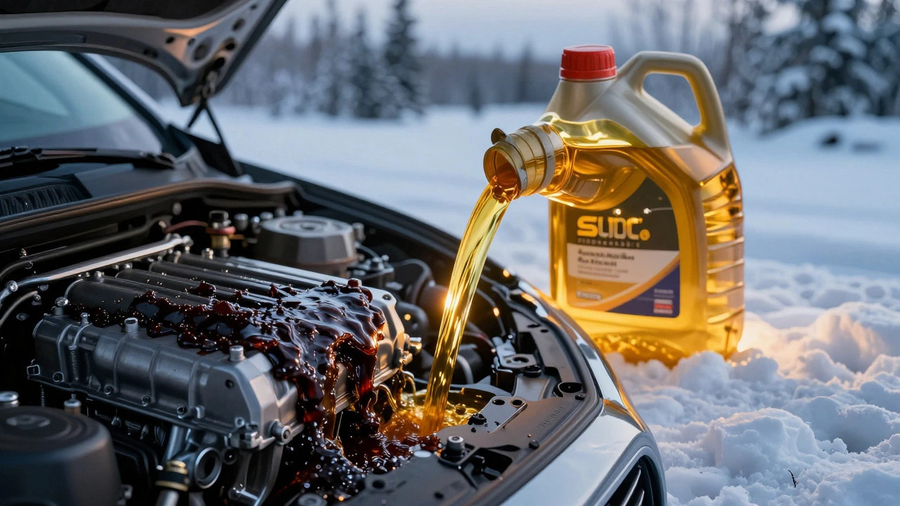 Engine with thick conventional oil vs flowing synthetic oil in winter