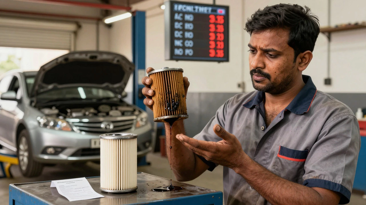 Mechanic comparing dirty clogged oil filter to a new clean one in a garage