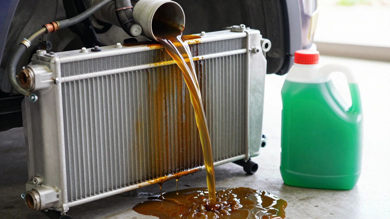 Mechanic inspecting rusty coolant and corroded radiator components