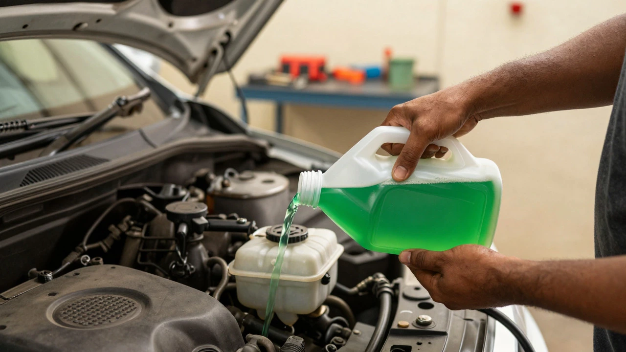 Mechanic pouring fresh green coolant into a car engine reservoir.