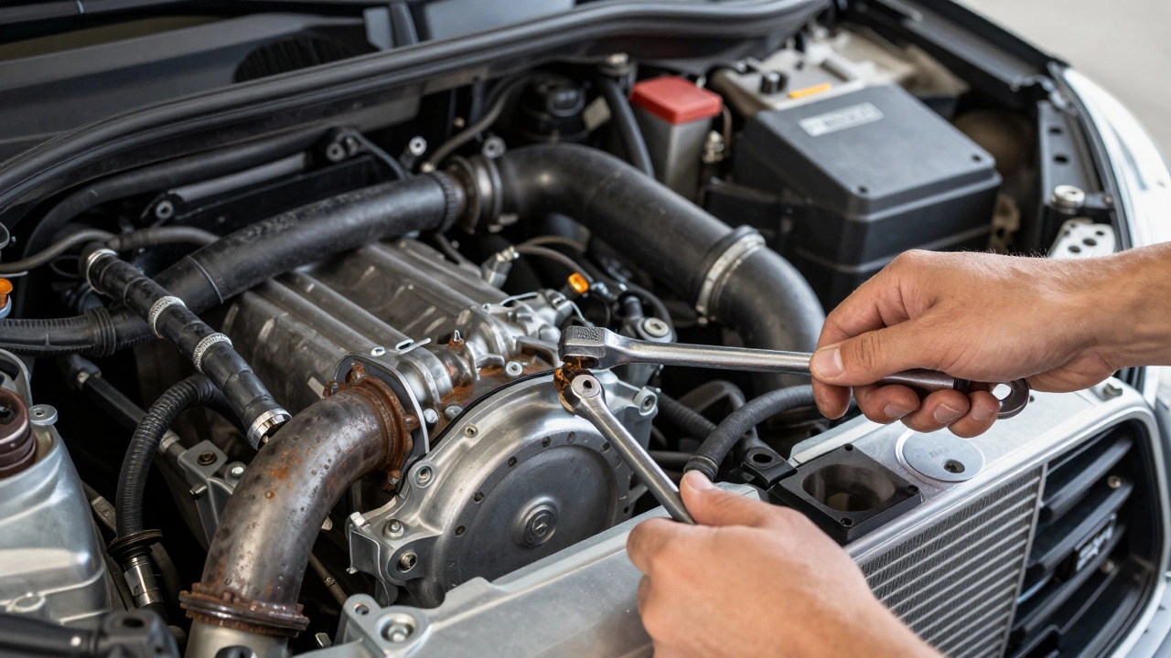 Mechanic removing bolts from complex car radiator assembly