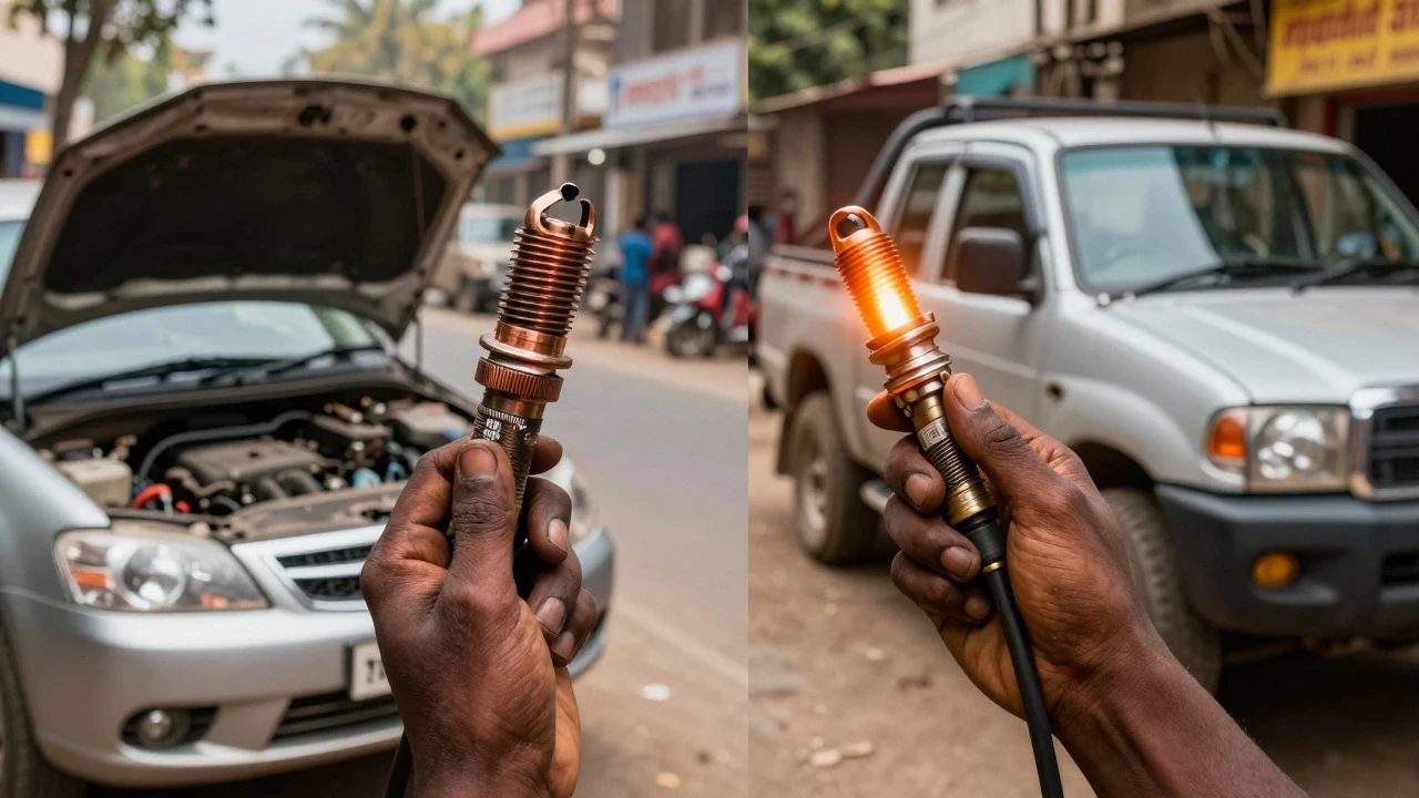 Mechanics comparing a worn spark plug and a glowing diesel glow plug.