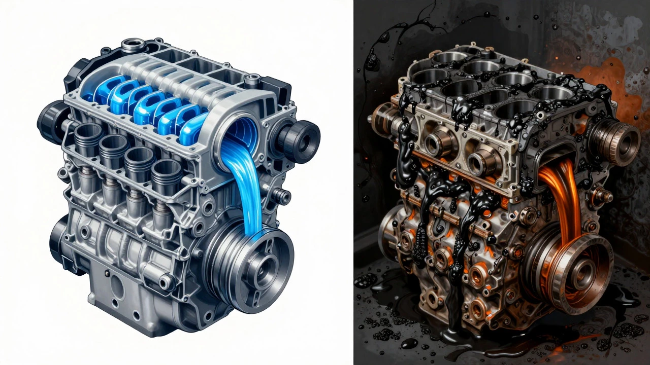 Split view of clean engine with blue oil vs clogged engine with black sludge