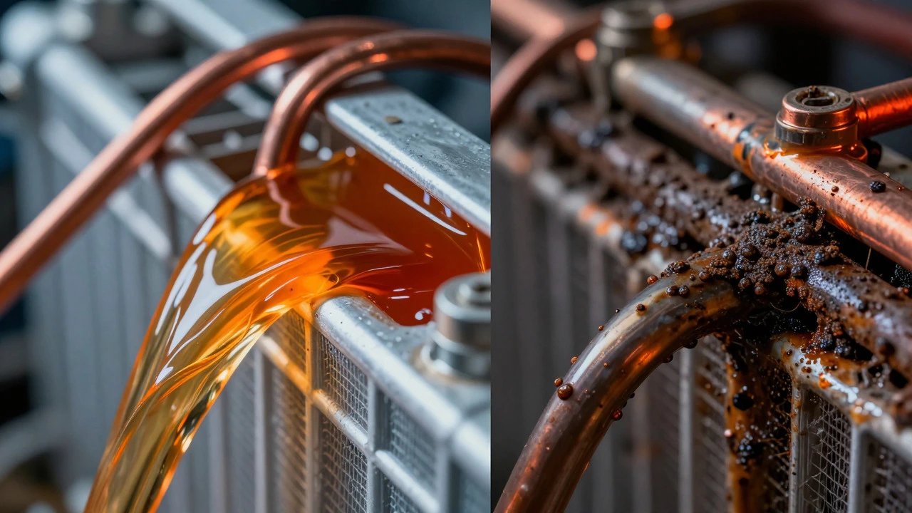 Split view showing clean vs corroded coolant inside radiator tubes.
