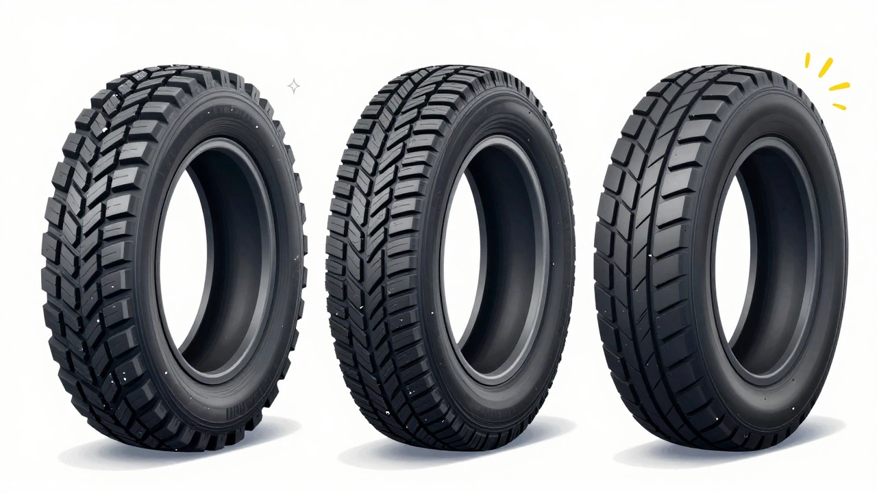 Comparison of all-terrain, all-season, and performance tires side-by-side