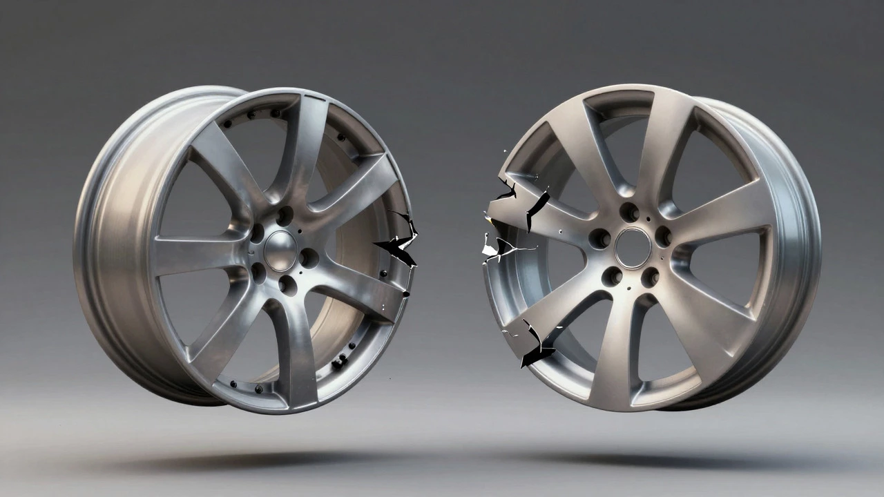 Comparison showing bent steel wheel versus fractured alloy wheel