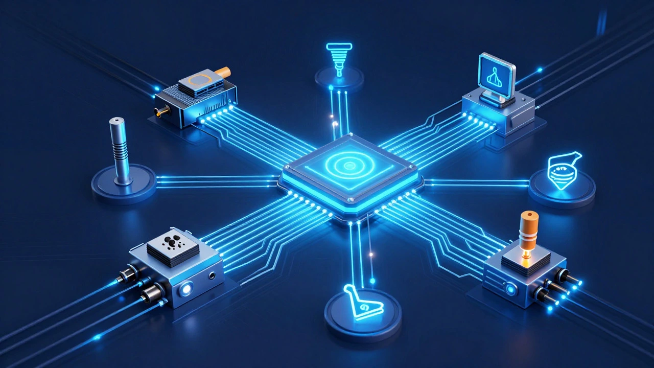Digital illustration of ECU managing engine sensors