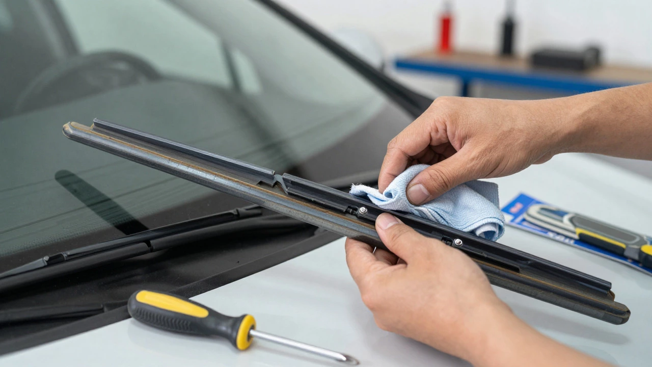 Mechanic inspecting cracked wiper blades and cleaning them in a garage