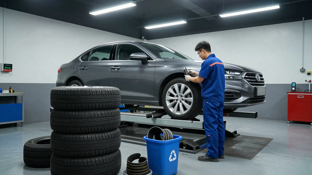 Mechanic performing wheel alignment on a car in a service bay