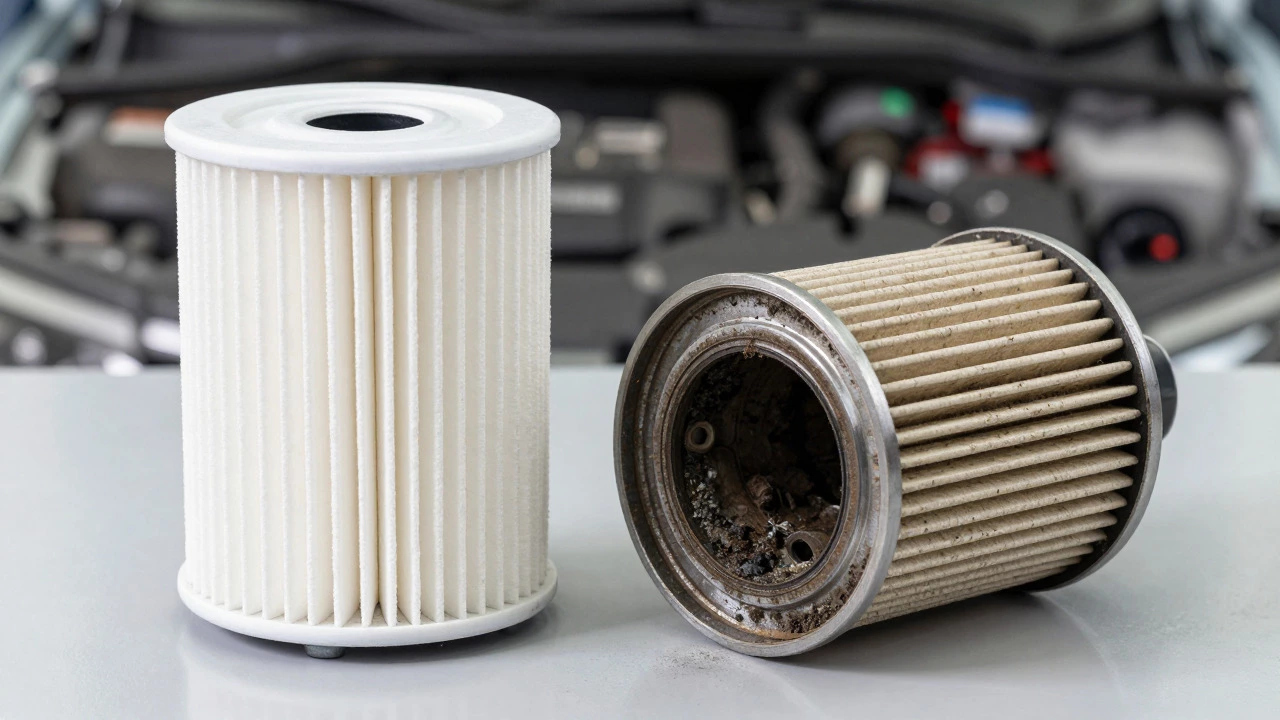 New and used oil filters displayed side-by-side on a workbench
