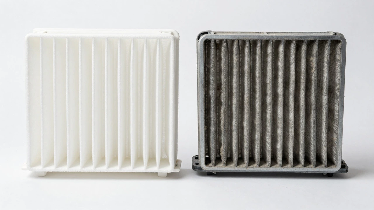 Side-by-side comparison of a clean white air filter and a dirty clogged one
