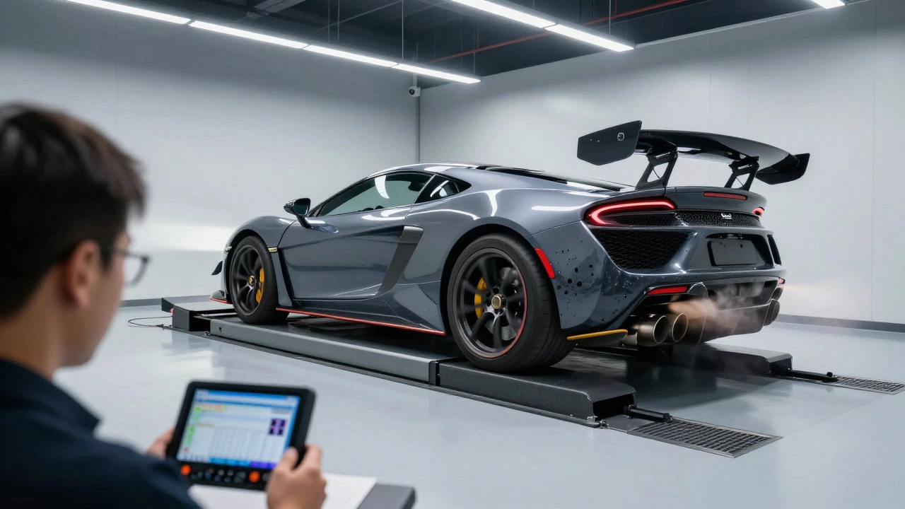 Sports car on a dynamometer rig with a technician monitoring performance