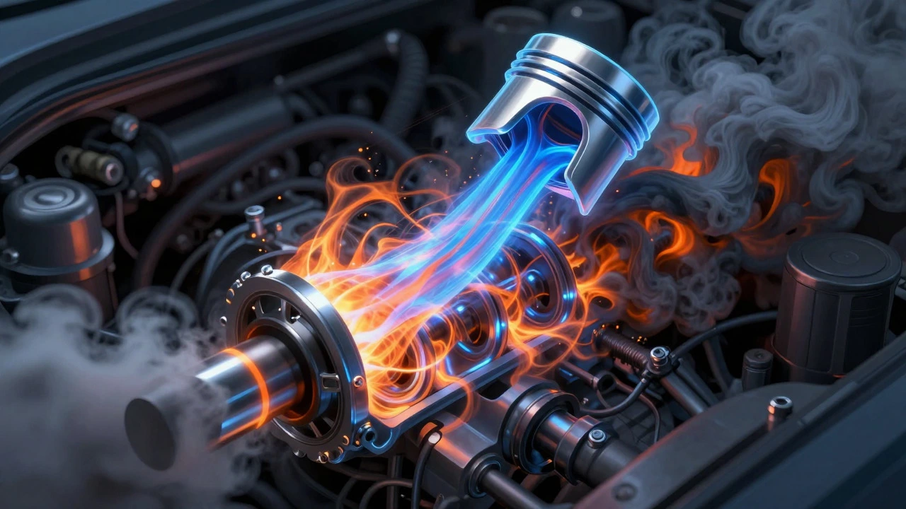 X-ray style illustration of an engine cylinder expelling exhaust gases