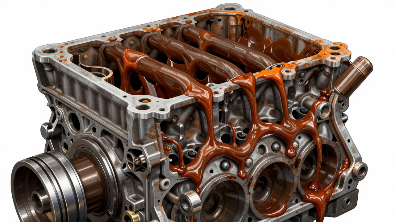 X-ray style illustration of engine internals clogged with thick brown sludge