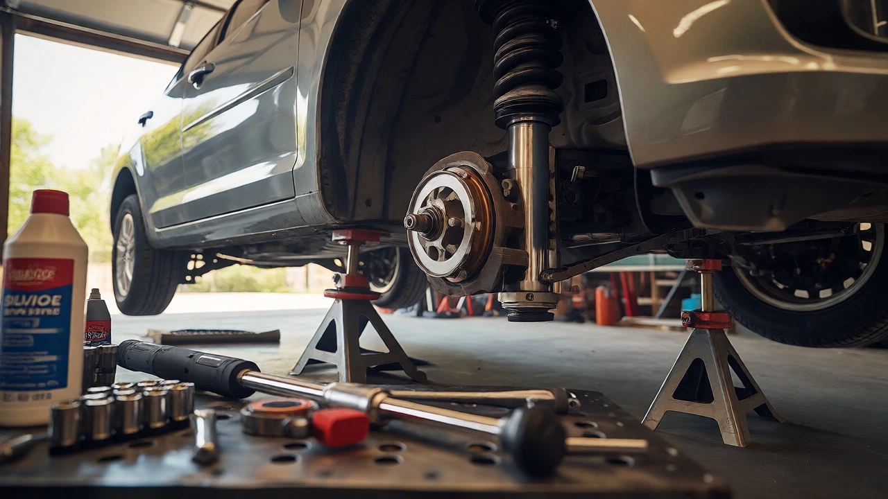 Car on jack stands with exposed suspension parts ready for repair.