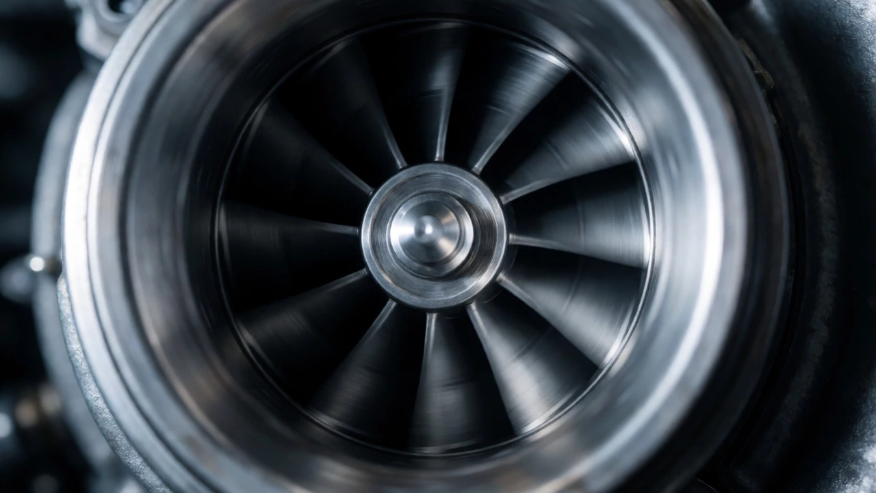 Close-up of a turbocharger compressor wheel with debris approaching the intake