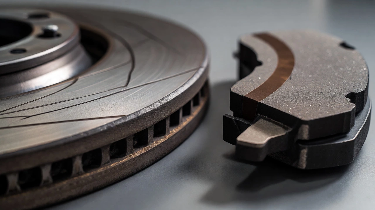 Close-up of worn rotor edge and brake pad