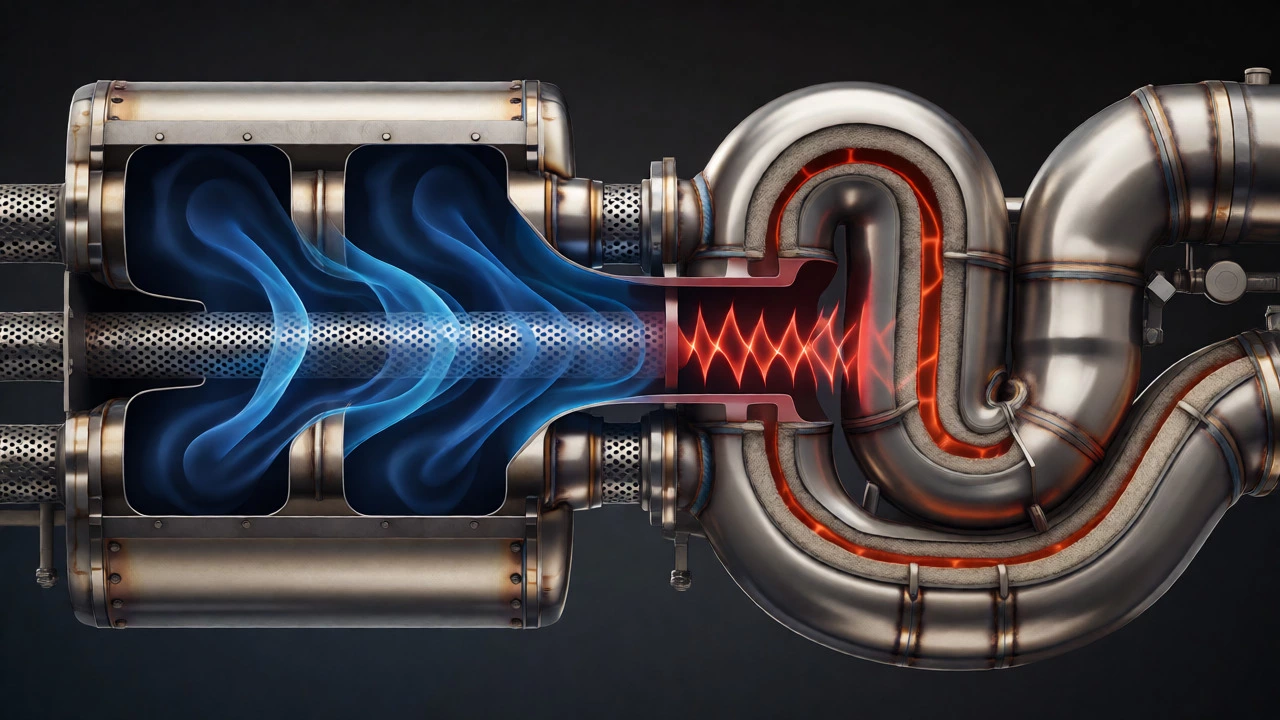 Cross-section comparison of chambered vs turbo muffler internals
