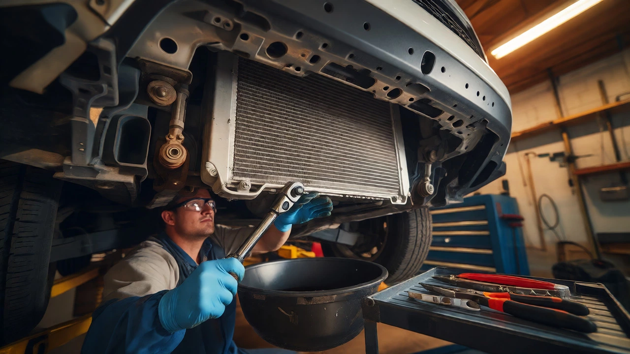 DIY mechanic replacing car radiator in home garage with tools and drain pan