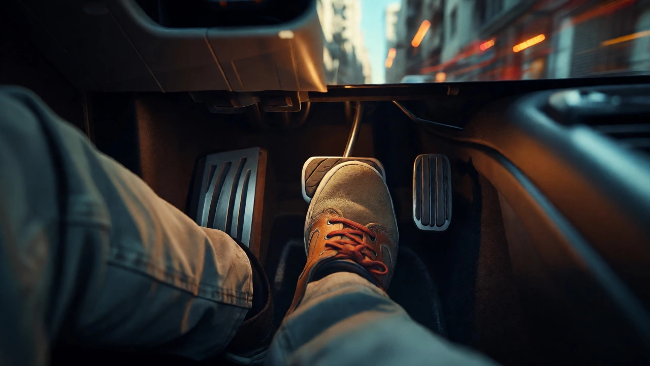 Driver pressing brake pedal inside car cabin