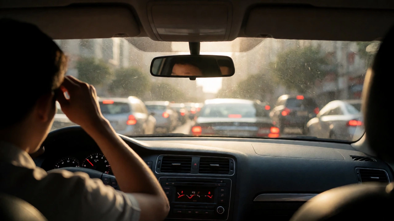 Driver sweating in traffic as dashboard temperature gauge rises