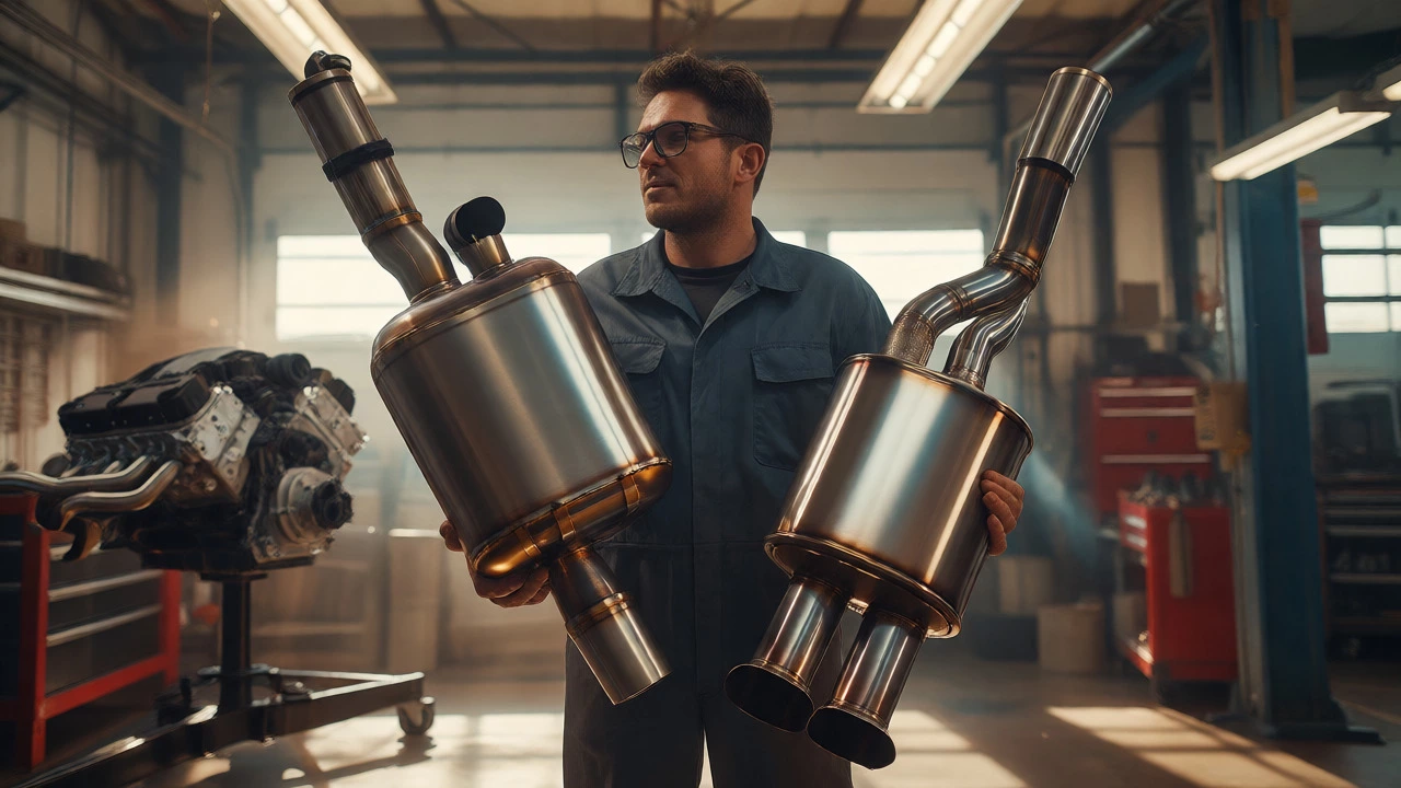 Mechanic comparing chambered and straight-through mufflers in a garage