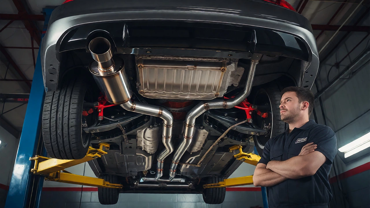 Mechanic inspecting an ill-fitting aftermarket exhaust under a lifted car