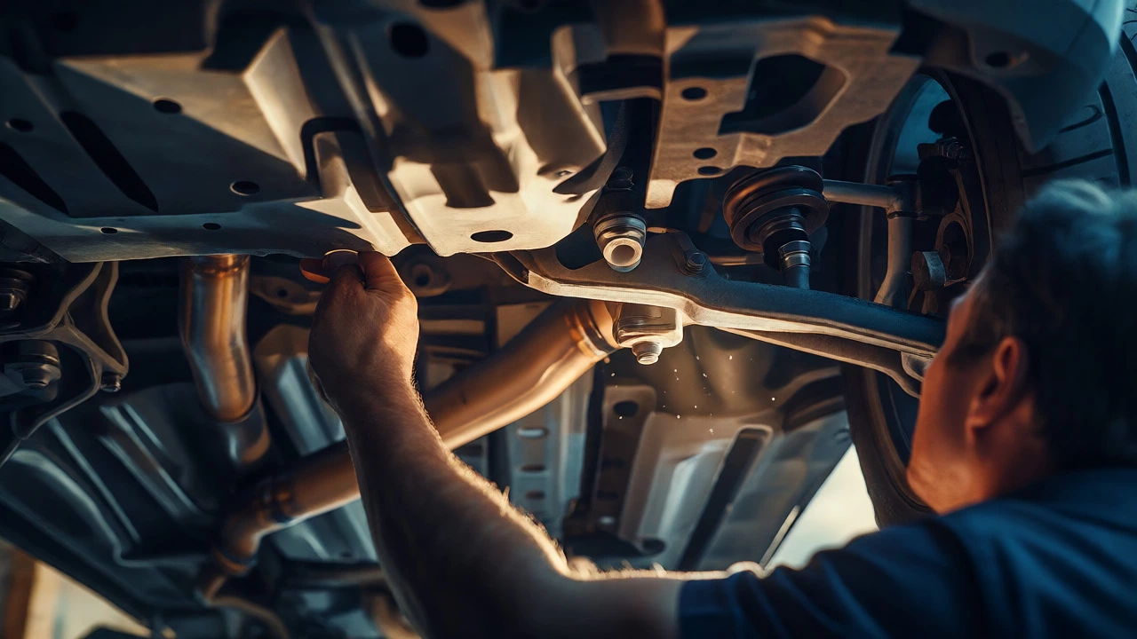 Mechanics diagnosing noisy suspension by rocking the car's front end.