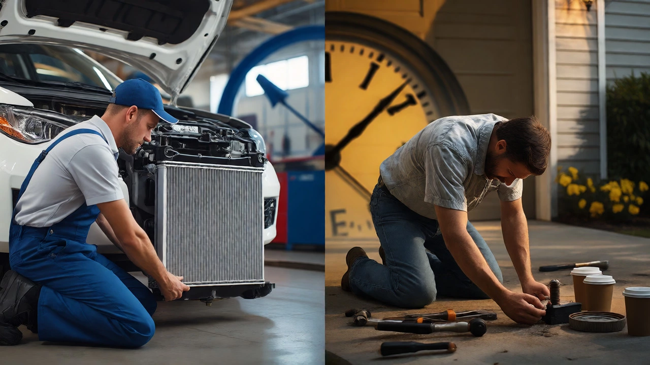 Split screen comparing professional vs DIY car radiator replacement times