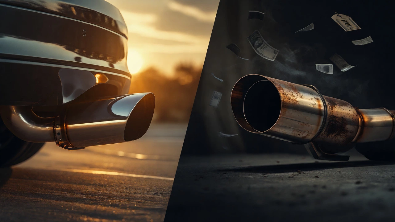 Split view comparing a shiny stock exhaust with a rusting aftermarket part