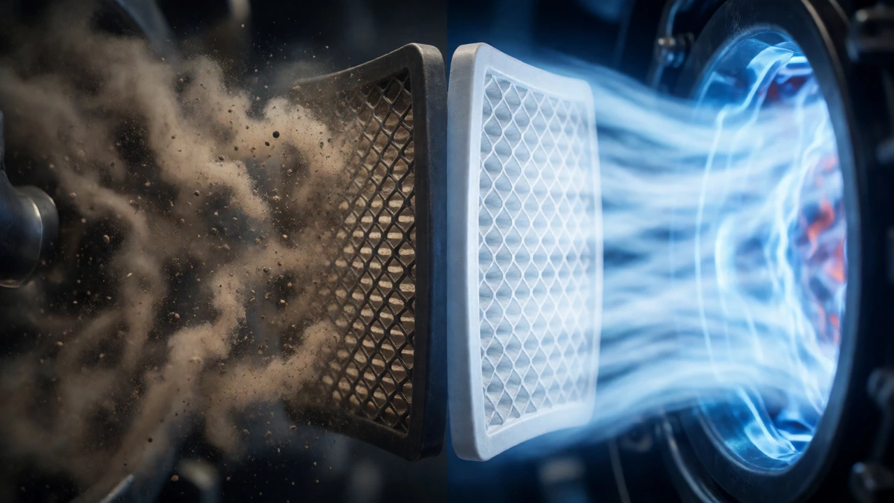 Visual comparison of restricted airflow through a dirty filter versus smooth airflow through a clean one