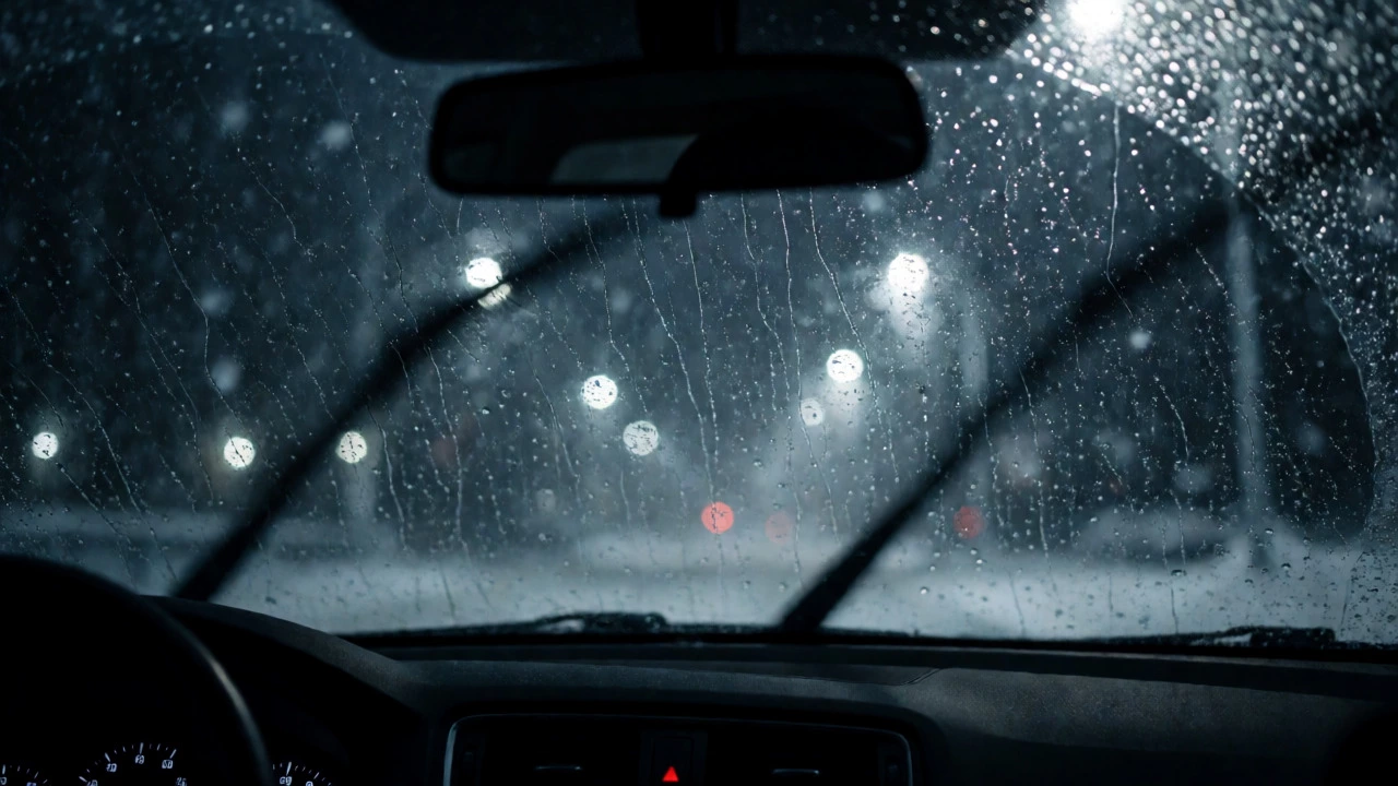 Windshield wipers clearing heavy rain and snow for clear visibility