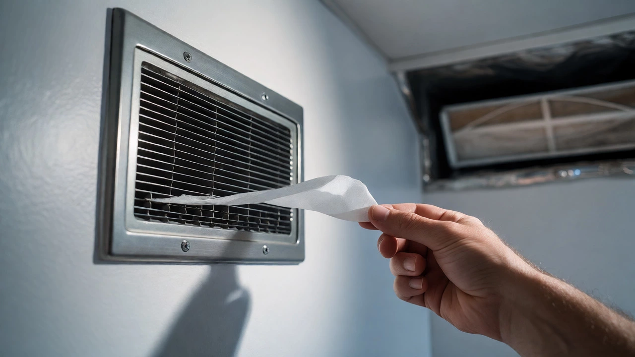A hand holding a tissue near a vent to test for weak airflow caused by a blocked filter.