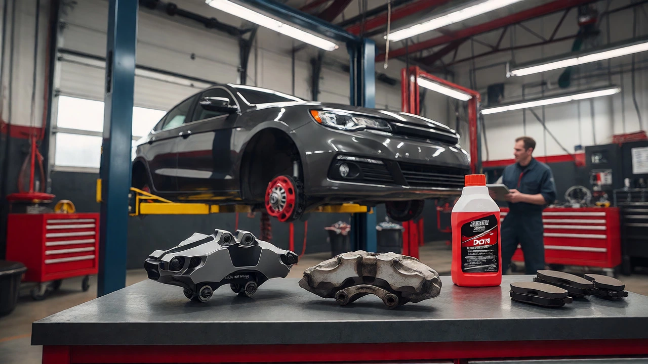Auto shop workbench displaying new and used calipers, pads, and brake fluid.