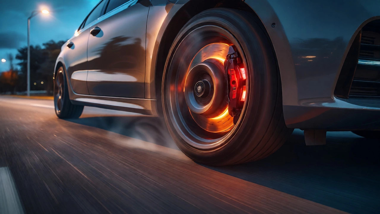 Car braking hard at dusk with heat haze rising from the glowing hot brake rotor behind the wheel.