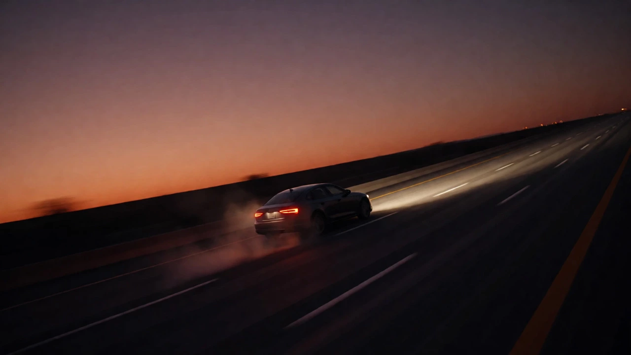 Car struggling to climb a hill at dusk, emitting exhaust due to poor acceleration.