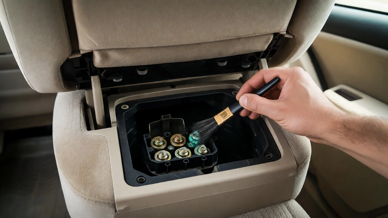 Cleaning corroded pins on a fuel pump connector under a rear seat