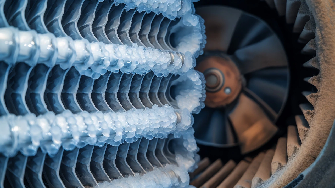 Close-up of an evaporator coil covered in ice due to restricted airflow from a dirty filter.