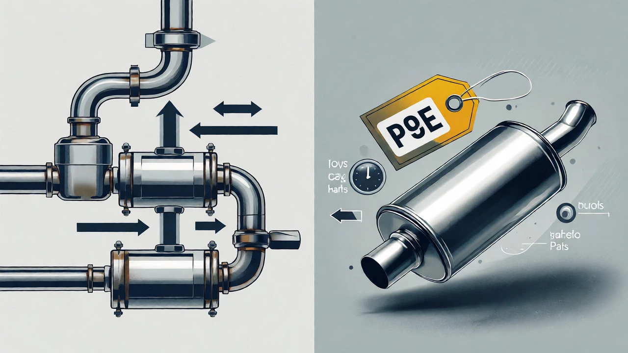 Conceptual image showing exhaust system flow diagram alongside cost indicators