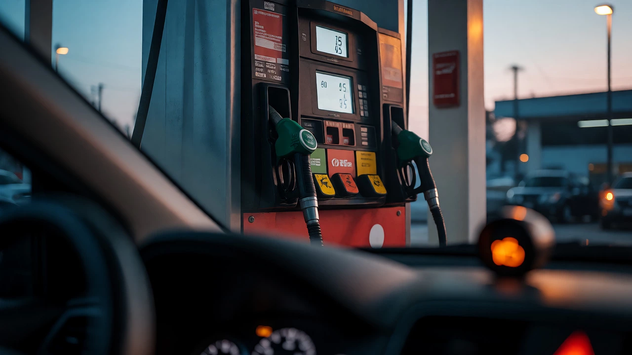 Driver watching gas pump meter at dusk with check engine light on dashboard