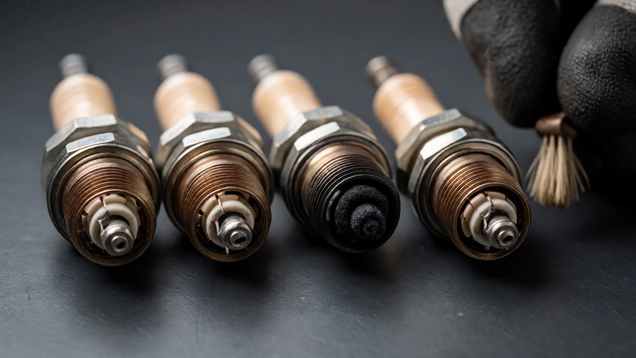 Four spark plugs on workbench, three clean and one black with carbon fouling