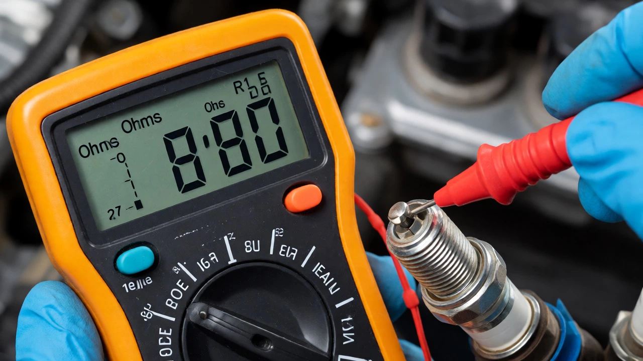 Hand using multimeter probes to test spark plug resistance in engine bay