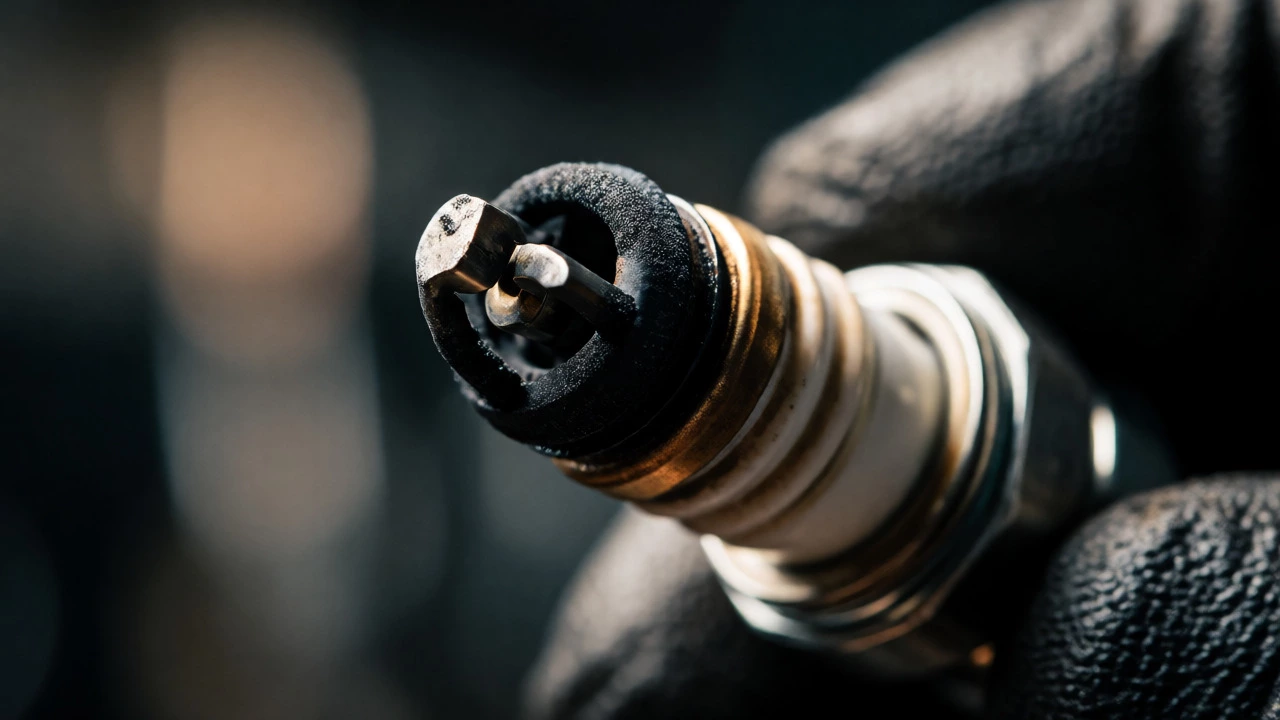 Macro shot of a carbon-fouled spark plug showing electrode wear and soot buildup.