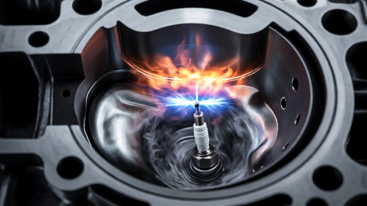 Macro view of electric spark igniting fuel-air mixture in engine cylinder