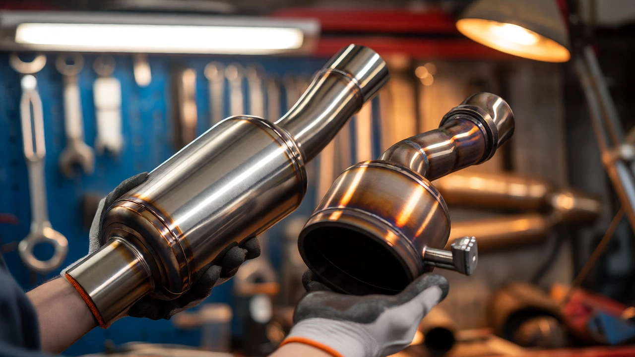 Mechanic comparing new stainless steel catalytic converter with rusty old part
