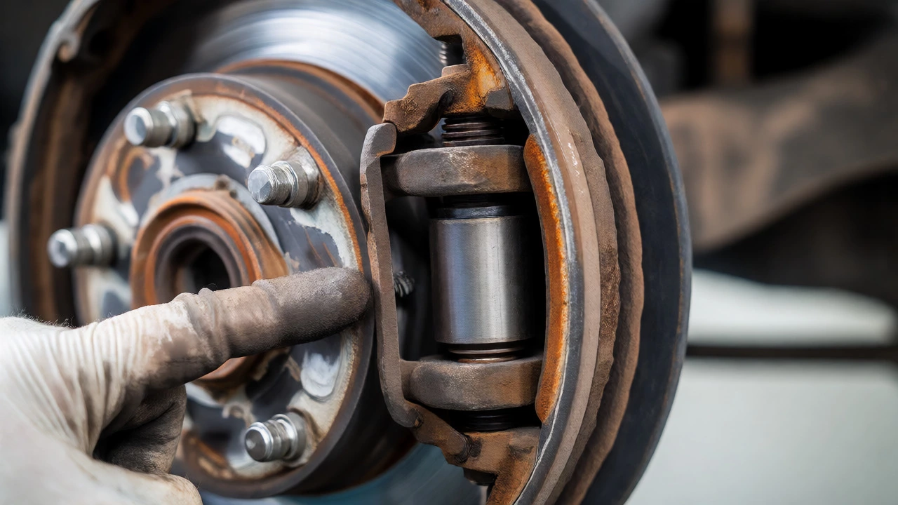 Mechanic inspecting corroded rear drum brake components for seizure
