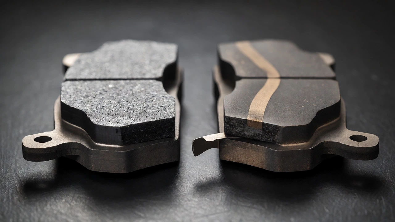 Side-by-side comparison of new thick brake pads versus worn thin brake pads on a workbench.