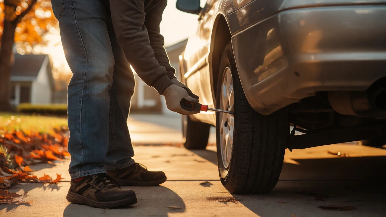 Tapping a car fuel tank with a screwdriver handle to fix a stuck pump